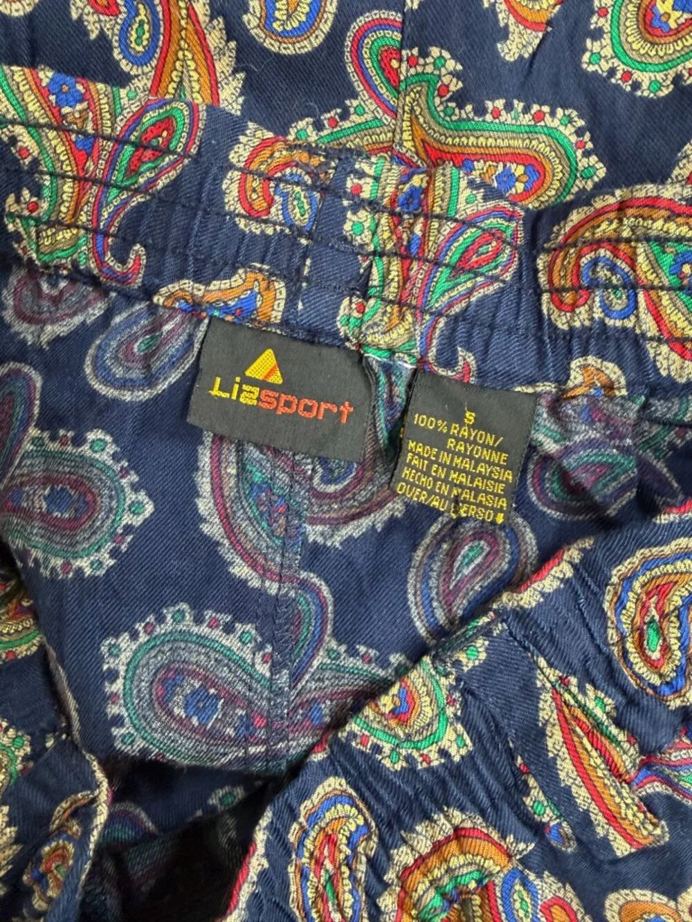 Vintage Liz Sport Paisley Print Midi Skirt Navy Rayon Elastic Waist Small A-Line